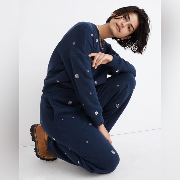 NWOT Madewell MWL Airyterry Floral Embroidered Tapered Sweatpants Navy Size XXS - Picture 3 of 16